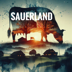Artful double exposure of an illustration showing typical Sauerland landscape in the morning fog and grazing cows as silhouettes. German text: Sauerland.