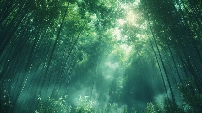 Tranquil bamboo forest with dappled sunlight filtering through the tall stalks