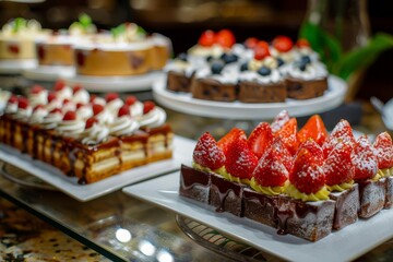 decadent delights mouthwatering sweets and pastries at sunset buffet food photography - obrazy, fototapety, plakaty