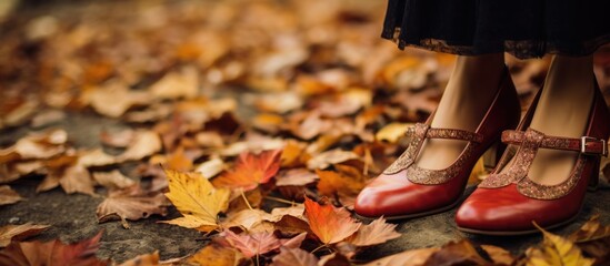 Red shoes on autumn leaves