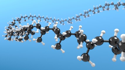 plastic polymer molecular structure 3d representation. Can be used to represent a macromolecule chemical structure, polymerization process or plastic manufacturing and recycling