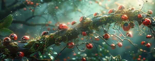 A lively gathering of ladybugs on a moss-covered branch, illuminated by the soft glow of a forest ambiance.