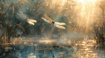 Illuminated by the warm, golden light of the setting sun, two dragonflies hover effortlessly above a calm water surface.