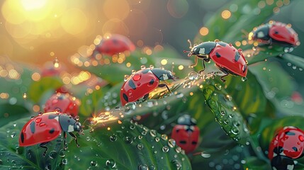 Ladybugs traverse the fresh, dew-covered leaves under the soft glow of morning sunlight, with water droplets sparkling around them.