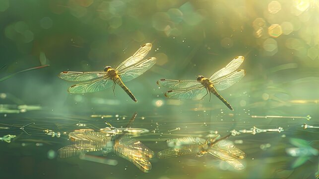 Two dragonflies, illuminated by the warm, golden light of the setting sun, hover effortlessly above a calm water surface.