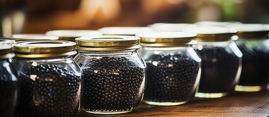 Glass jars filled with black beans lined up on a table - obrazy, fototapety, plakaty