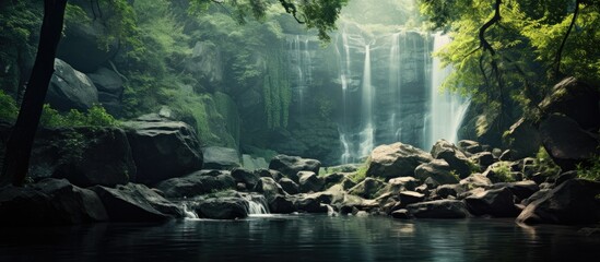 Waterfall amidst vibrant forest - Powered by Adobe