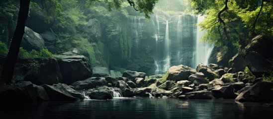 Fotobehang Waterfall amidst vibrant forest © HN Works
