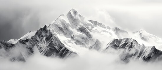 Mountain peak shrouded in mist with aircraft soaring past - Powered by Adobe