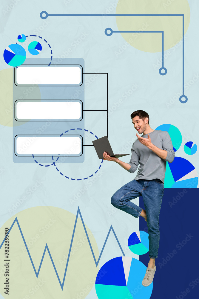 Aufkleber composite artwork sketch image photo collage of young office manager student guy work laptop project