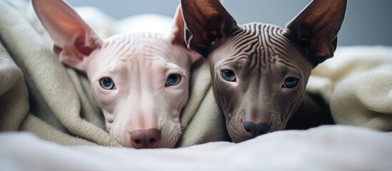 Two hairless cat faces peek from beneath a cover