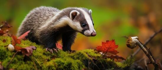 Fototapeta premium Badger foraging amidst autumn leaves on tree stump