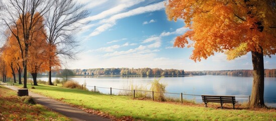 Path bordered by autumn trees near a serene lake