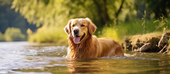 Dog standing in river, playing joyfully