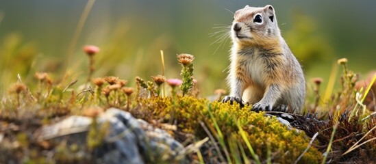 Naklejka na ściany i meble Small squirrel perched on rock amidst grass
