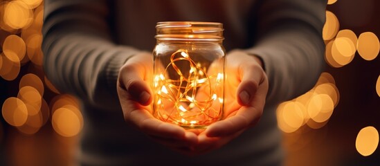 Person holding jar with string of lights