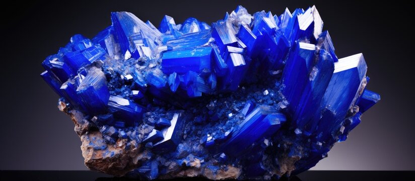 A cluster of vivid blue crystals on a dark surface