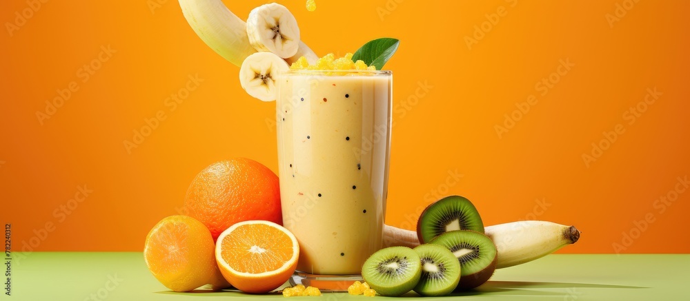 Poster smoothie and banana on the table