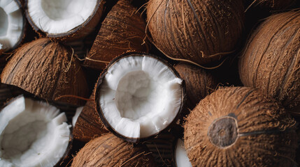 Fototapeta na wymiar Close-up of fresh coconuts half and whole