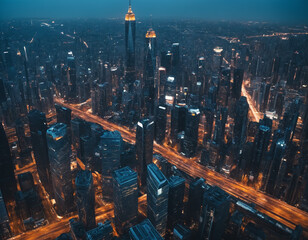 Naklejka premium Blue Hour Over Urban Cityscape with Glowing Streets