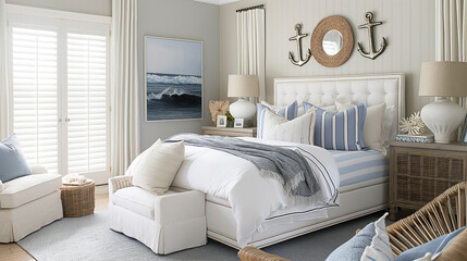 A coastal bedroom captures the relaxed and breezy vibe of coastal living. Soft, soothing colors like pale blues, sandy beige, and crisp whites evoke the colors of the sea and sand