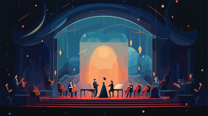 And musicians standing on theater stage flat vector - obrazy, fototapety, plakaty
