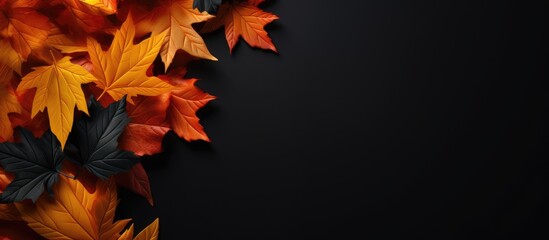 Black background adorned with autumn leaves in orange and yellow