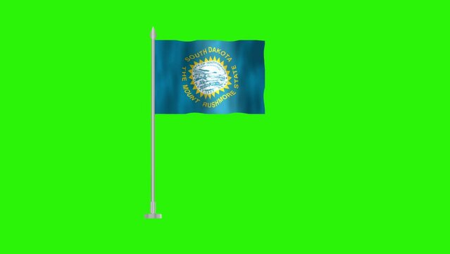 Flag of South Dakota, Pole flag of South Dakota on Green screen chroma key, USA States South Dakota 3D Animation flag waving in the wind isolated on Green Background. 
