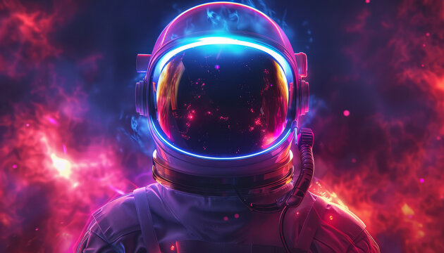 A man in a space suit is standing in front of a colorful background by AI generated image