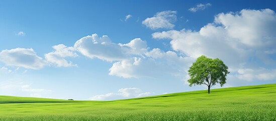 Tree in green field under blue sky