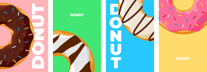Colorful tasty donut poster design set. Glazed doughnuts banner collection for cafe decoration or advertising. Sweet baked rings on colored background. Vector eps drawing illustration for bakery