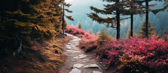 Hiking path winds through forest blossoms