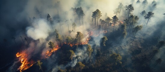 Fire spreading in forest from aerial view