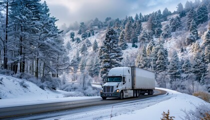 Upgraded large white semi truck with refrigerated trailer transporting perishable food on snowy winter road with frosty trees on the hill