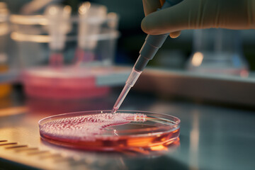 Recherche cellulaire, scientifique pipetant des échantillons dans une plaque multi-puits lors d'une expérience en laboratoire