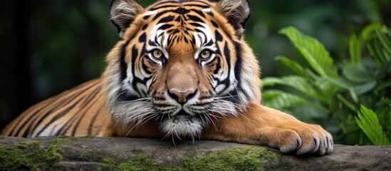 Sumatran tiger rests atop rock - obrazy, fototapety, plakaty