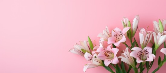 Fototapeta na wymiar Pink flowers in vase on pink surface