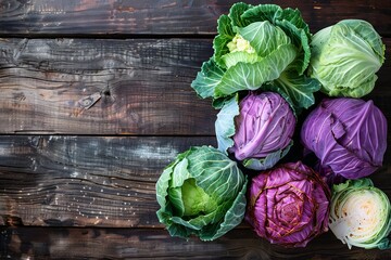 Variety of cabbages on aged wood backdrop