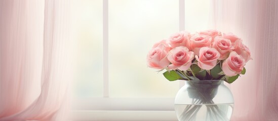A bouquet of pink roses in a vase on a windowsill