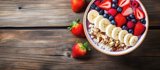 Close-up bowl of fruit with banana and strawberries - obrazy, fototapety, plakaty
