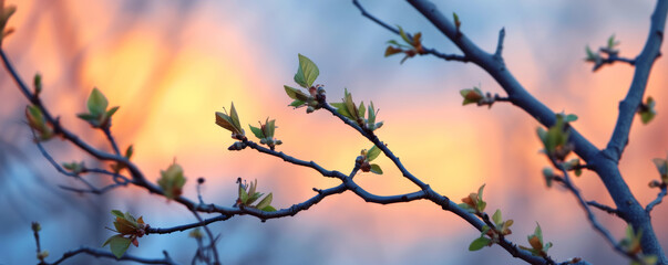 Fototapeta na wymiar Sunset behind budding tree branches