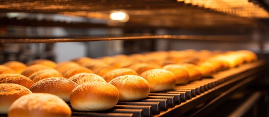 Bread loaves on conveyor in bakery