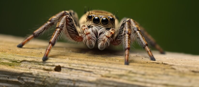 Spider perched on wood, capturing and devouring insect prey