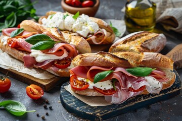 Variety of sandwiches including Caprese with mozzarella sun dried tomatoes and ciabatta with ham - obrazy, fototapety, plakaty