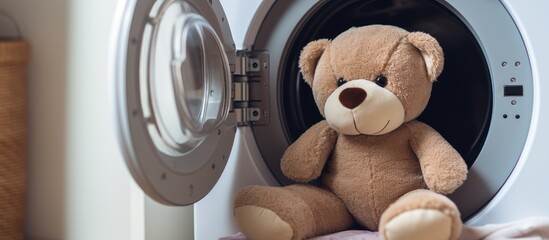 Soft toy placed in washer for cleaning - obrazy, fototapety, plakaty
