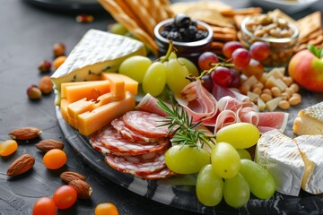 Various cheese ham fruits jam bread sticks nuts on marble tray Displayed on table Side angle - Powered by Adobe