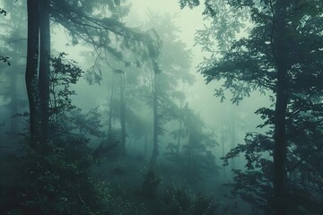 enchanted misty forest shrouded in dense fog ethereal landscape - obrazy, fototapety, plakaty