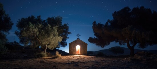 Night view of small chapel in Greek style
