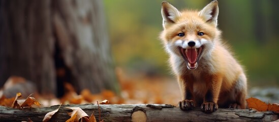 A red fox yawning on a forest log