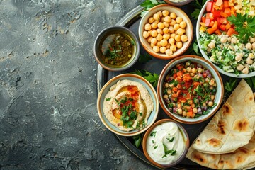 Various dips with flatbreads on a plate in a summer outdoor setting top view with copy space
